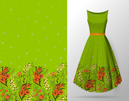 Seamless hand-drawn floral pattern with lots of plants and flowers. Vector seamless pattern on summer dress mock up. Orange on bright green.のイラスト素材