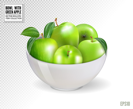 Green apples in white bowl, isolated on transparent background.のイラスト素材
