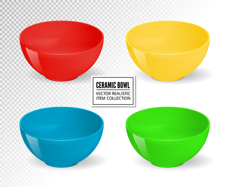Empty realistic vector food bowls. Ceramic kitchen dishware set. Bowl for food, ceramic dishware empty collectionのイラスト素材