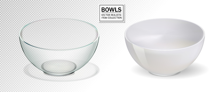 Glass and ceramic bowl set vector illustration. Realistic bowl on transparent background.のイラスト素材