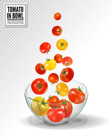 Tomatoes falling into glass bowl, isolatedのイラスト素材
