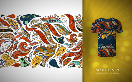 Seamless floral pattern on t-shirt mockup. Seamless border with hand draw fantasy flowers. Bright colorful doodle patternのイラスト素材
