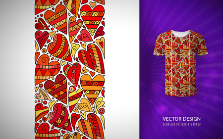 Red hearts vertical seamless pattern border style vector hand draw background on t-shirt mock up.のイラスト素材