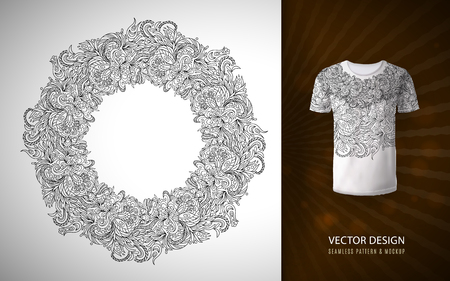 A doodle flower pattern in the form of a wreath, used for a pattern on a t-shirt vector hand draw circle frame made of flowers.のイラスト素材