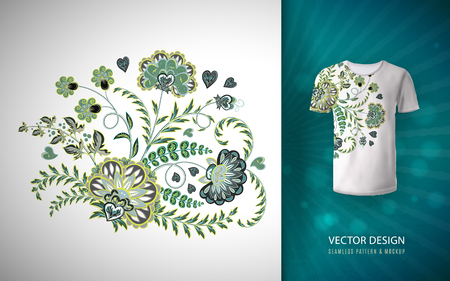 Floral print for t-shirt vector embroidery pattern on t-shirt mock up. Flower arrangement in Chinese style.のイラスト素材