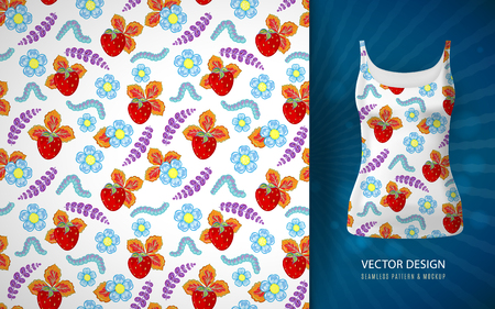 Seamless funny pattern with strawberry and worms. Hand draw vector illustration on white background. Singlet mock up with strawberry seamless pattern.のイラスト素材