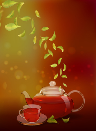 A glass teapot and a cup of black tea on a colored background. Procurement for an advertising poster, flyer, booklet, tea menu. Photo-realistic vector image.のイラスト素材