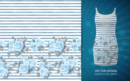 Seamless pattern with blue roses border on white background with stripe grunge texture.のイラスト素材