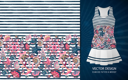 Vector seamless pattern of seashells and marine items on striped background.のイラスト素材