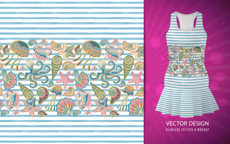 Vector seamless pattern of seashells on striped background.のイラスト素材