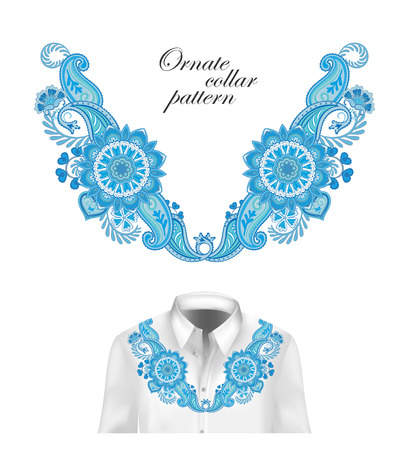 Oriental ornament with paisley and fantasy flowers. Vector design for collar shirts, blouses. Vector illustration. Blueのイラスト素材