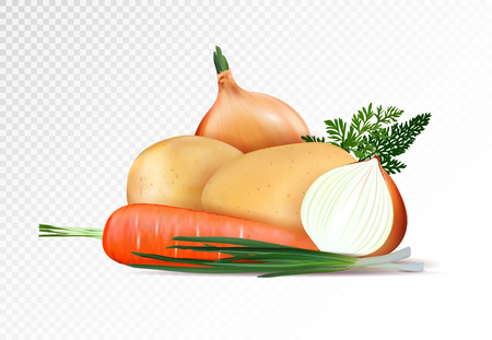 Fresh vegetables on the transsparent background. Realistic potato, onion and carrot composition. Vector illustration, 3dのイラスト素材