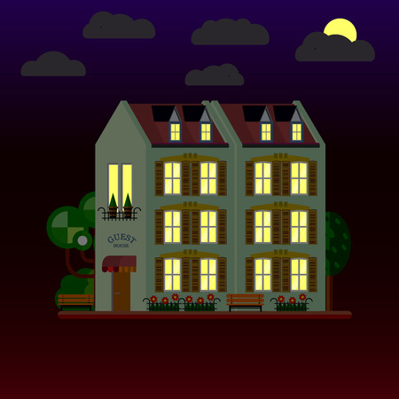 Flat illustrations of house at night. Three-storey building. Vector.のイラスト素材