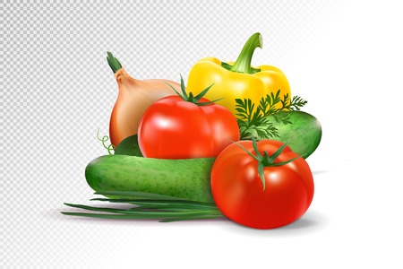 Fresh vegetables on transparent background. Tomatoes, cucumbers, pepper and onion composition.のイラスト素材