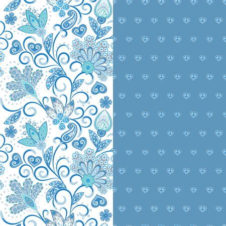 Set of two horizontal seamless floral pattern with paisley and fantasy flowers border. Hand drawn texture for clothes, bedclothes, fabric of the dress etc. Blueのイラスト素材