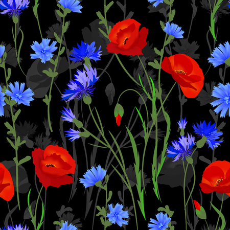 Seamless background with wildflowers. Vector. Blue red green on black pattern.のイラスト素材