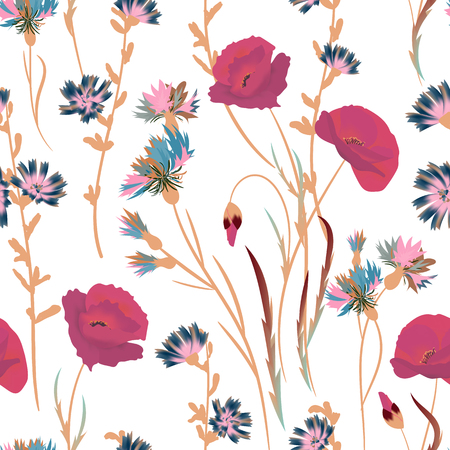 Seamless background with wildflowers. Vector. Pastel colorsのイラスト素材