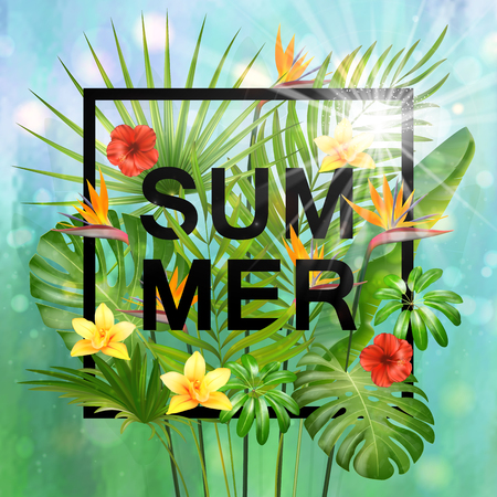 Summer Composition with Leaves and Flowers of Tropical Exotic Plants for Party or Wedding Invitation, Flyer or Travel Advertising.のイラスト素材