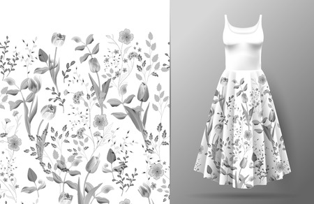 Cute pattern in small wildflowers and tulips. Seamless background and seamless border. An example of the pattern of the dress mock up. Vector illustration. Gray om whiteのイラスト素材