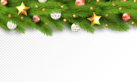 Seamless border with Christmas tree branches, snow and holiday decoration (white, red and golden balls, stars and beads). Vector decor isolated from the background.のイラスト素材