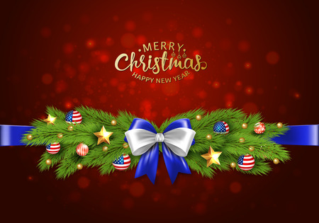 Christmas partiotic illustration. Vector border of Christmas tree branches with golden stars and balls with american flag. Merry christmas and happy new yearのイラスト素材