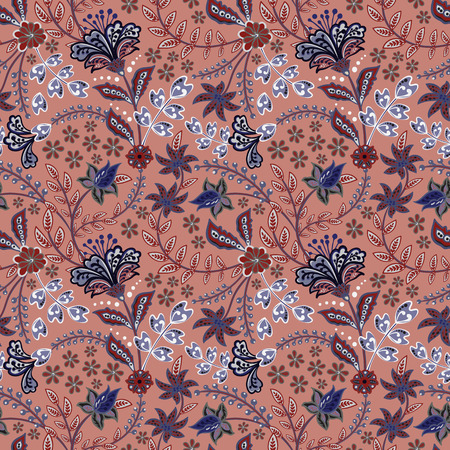 Abstract flowers seamless pattern, floral vector background. Fantasy multicolored flowers in blue tones on a brown-red backdrop. For the design of the fabric, wallpaper, wrapper, prints, decorationのイラスト素材