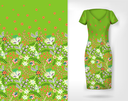 Cute pattern in small simple flowers. Seamless background and seamless border on different file layers. An example of the pattern of the dress mock up. Vector illustration. Light greenのイラスト素材