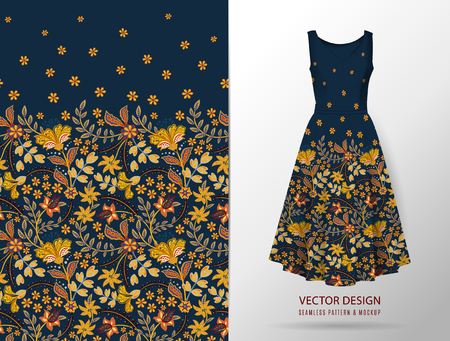 Vertical seamless fashion background. Women's long dress mock up with bright seamless hand drawn pattern for textile, paper print. Isolated dark blue dress with orange brown pattern. vectorのイラスト素材
