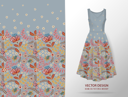 Seamless vertical fantasy flowers border pattern. Hand draw floral background on dress mockup. Vector. Traditional eastern pattern for textiles, wallpapers, decor etc. Grayのイラスト素材