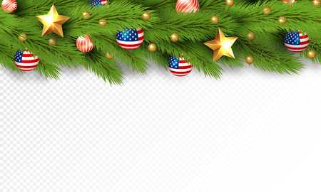 Christmas partiotic illustration. Vector border of Christmas tree branches with golden stars and balls with american flag. Merry christmas and happy new yearのイラスト素材