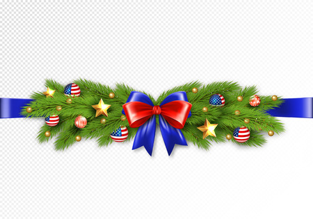 Christmas partiotic illustration. Vector border of Christmas tree branches with golden stars and balls with american flag. Merry christmas and happy new yearのイラスト素材
