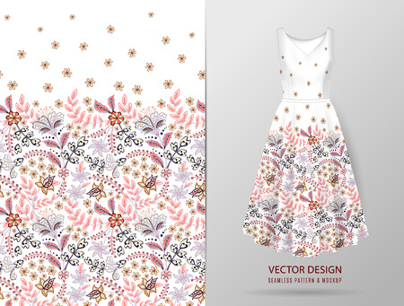 Seamless vertical fantasy flowers border pattern. Hand draw floral background on dress mockup. Vector. Traditional eastern pattern for textiles, wallpapers, decor etc. Gentle colors on whiteのイラスト素材