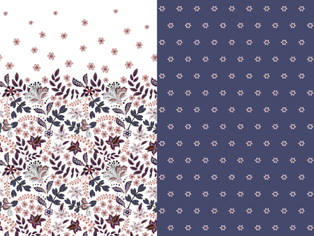 Set of two horizontal seamless floral pattern with paisley and fantasy flowers border. Hand drawn texture for clothes, bedclothes, fabric of the dress etc. Violetのイラスト素材
