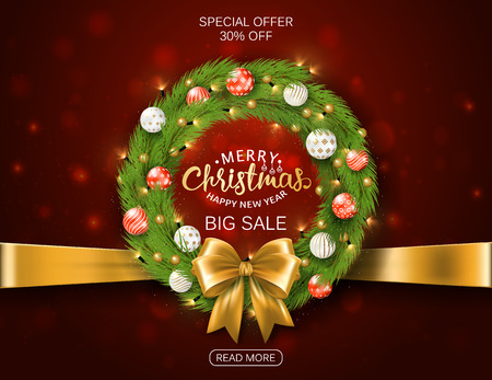 Festive Christmas sale wreath with balls, spruce branches, bow, lettering. Realistic vector? 3d illustrationのイラスト素材