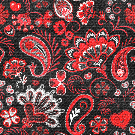 Denim seamless pattern. Denim floral background. Black jeans cloth. Jeans background hand draw paisley flowersのイラスト素材