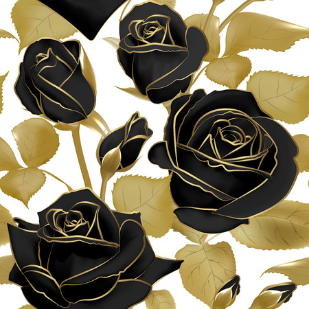 Seamless pattern with black roses and golden leaf on a white background. Vector illustration.のイラスト素材