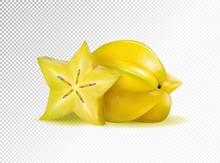 Vector realistic illustration two carambolas - starfruits isolated on transparent background, 3dのイラスト素材