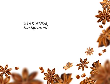 Star anise background. Flying star aniseed on a white backdrop. Quality realistic vector, 3d illustrationのイラスト素材