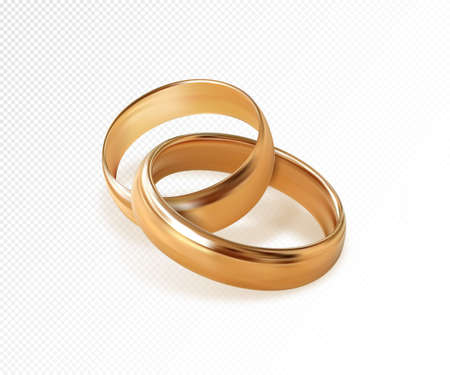 Two interlocking golden wedding rings on transparent background. Quality realistic vector, 3d illustrationのイラスト素材