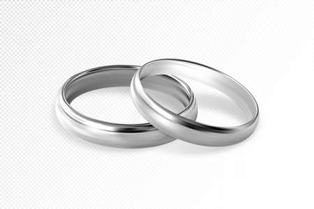 Two silver or platinum wedding rings on transparent background. Quality realistic vector, 3d illustrationのイラスト素材