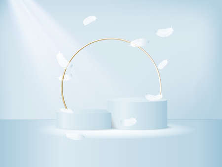 Blank product stand with neon lights on pastel blue and white background. 3d renderingのイラスト素材