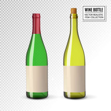 Realistic vector illustration of green wine bottle Isolated on transparent background. Front view of the wine bottle with labelのイラスト素材