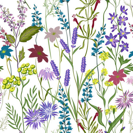 Blooming Garden floral in small hand draw flower with many kind of botanical plants seamless background. Liberty style. Design for fashion, fabric, textile, wallpaper, cover, web , wrappingのイラスト素材