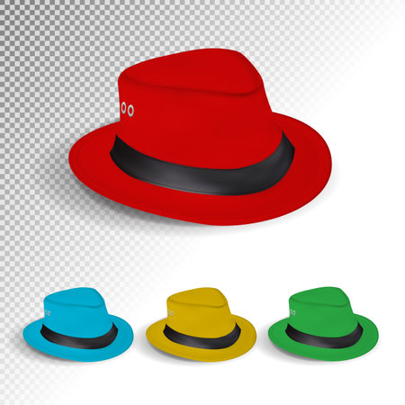 A set of felt hats in different colors. Red, blue, yellow, green. Realistic vectorのイラスト素材