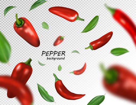 Many red chili peppers free falling on transparent background. Realistic vector, 3d illustrationのイラスト素材