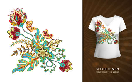 Pattern with fantastic flowers, hand-drawn. Preparation for embroidery. Demonstration on the layout of a womens T-shirt.のイラスト素材
