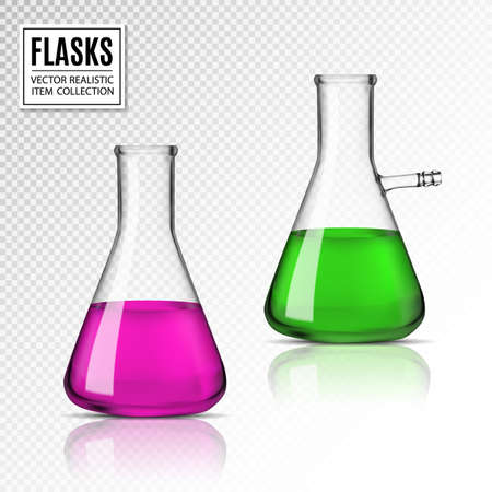 Vector transparent glass chemical flasks full off green and rose color liquid. Beakers isolated on transparent backgroundのイラスト素材