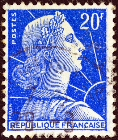 FRANCE - CIRCA 1955  A stamp printed in France showing Marianne  Louis-Charles Muller design , circa 1955  の写真素材