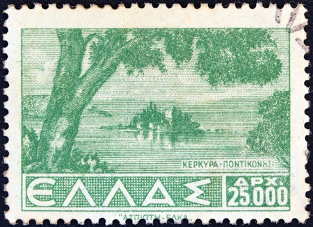 GREECE - CIRCA 1942  A stamp printed in Greece from the  Landscapes  issue shows Pontikonissi, Corfu, circa 1942  の写真素材
