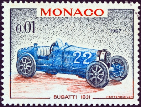 MONACO - CIRCA 1967: A stamp printed in Monaco from the "25th Grand Prix, Monaco" issue shows a Bugatti type 51 Grand Prix racing car of 1931, winner of Monaco Grand prix, circa 1967. のeditorial素材